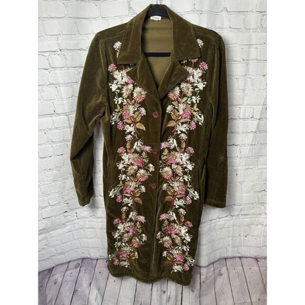 Pictures Olive Green Corduroy Floral Embroidered Duster Womens Size Medium